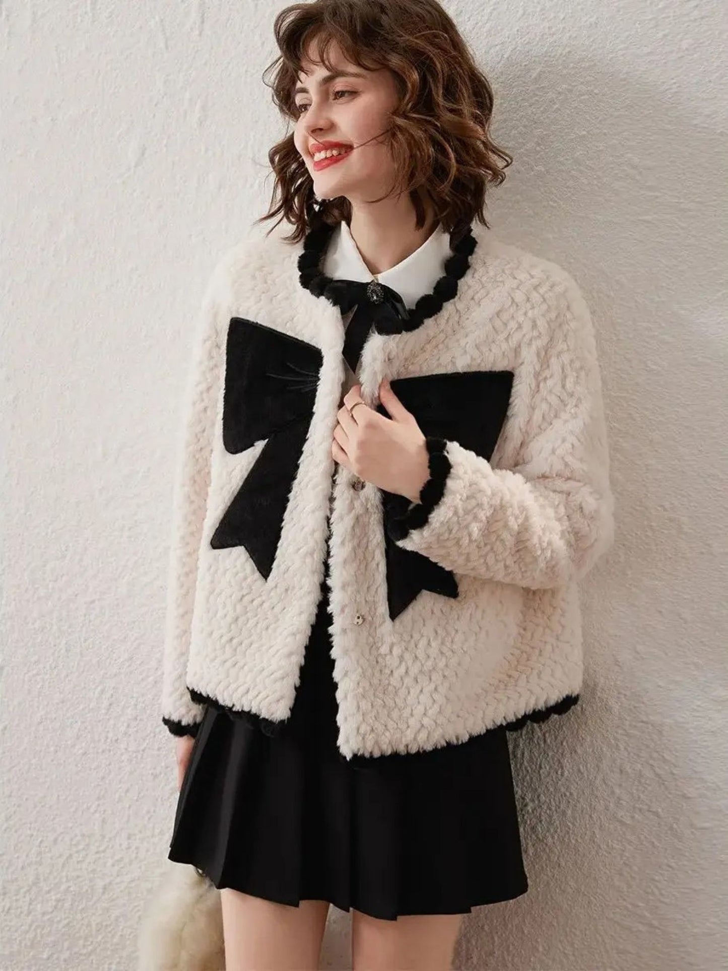 Faux Fur Jacket with Velvet Bow Design