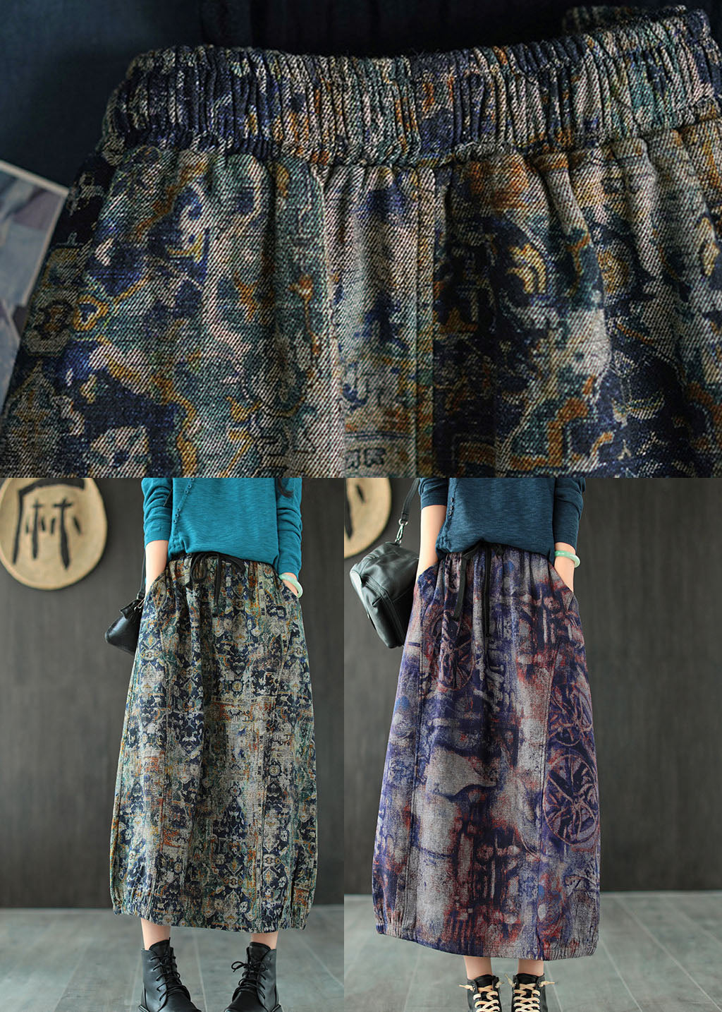 Sylis | Purple High Waist Pockets Patchwork Print Linen Skirt Summer