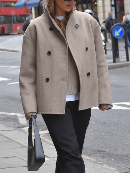Sylis-Mode | Women's Jacket - Beige Short Wool Jacket with Stand Collar and Button Closure