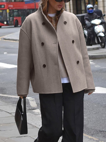 Sylis-Mode | Women's Jacket - Beige Short Wool Jacket with Stand Collar and Button Closure