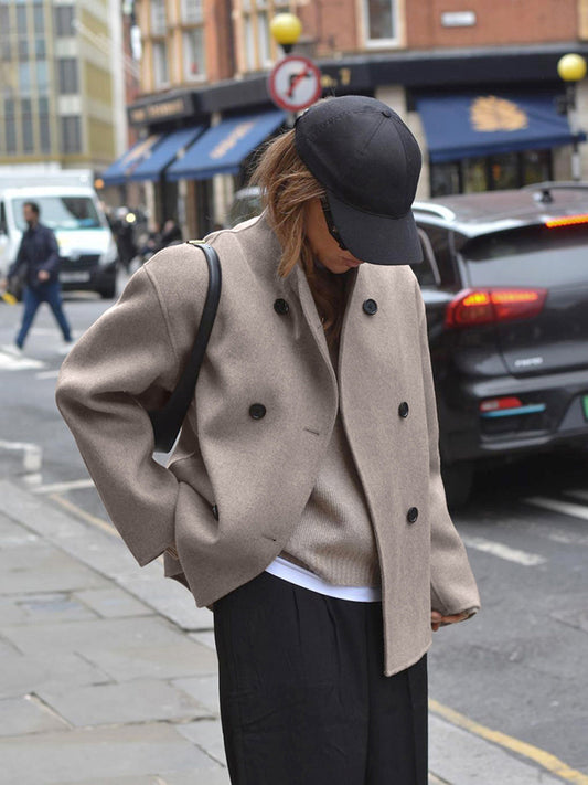 Sylis-Mode | Women's Jacket - Beige Short Wool Jacket with Stand Collar and Button Closure