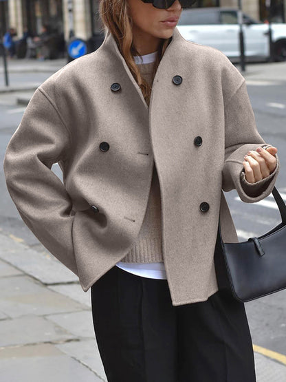 Sylis-Mode | Women's Jacket - Beige Short Wool Jacket with Stand Collar and Button Closure
