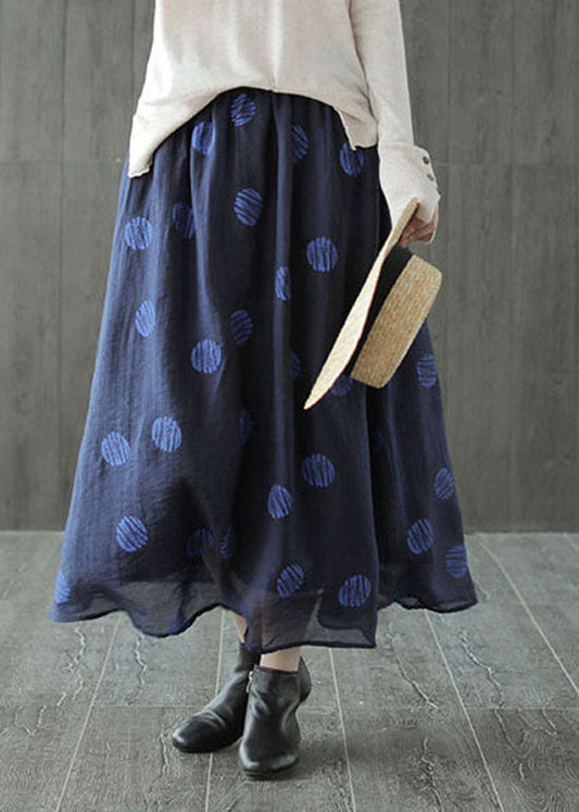 Sylis | Dark Blue Elastic Waist Dot Print Linen Skirts Spring