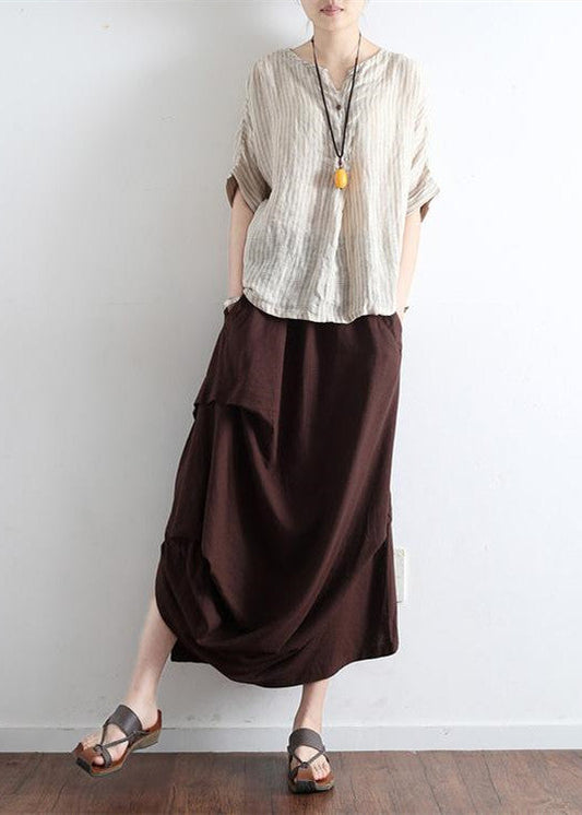 Sylis | Red Oversized Linen Skirts Asymmetrical Design Elastic Waist Long Skirt