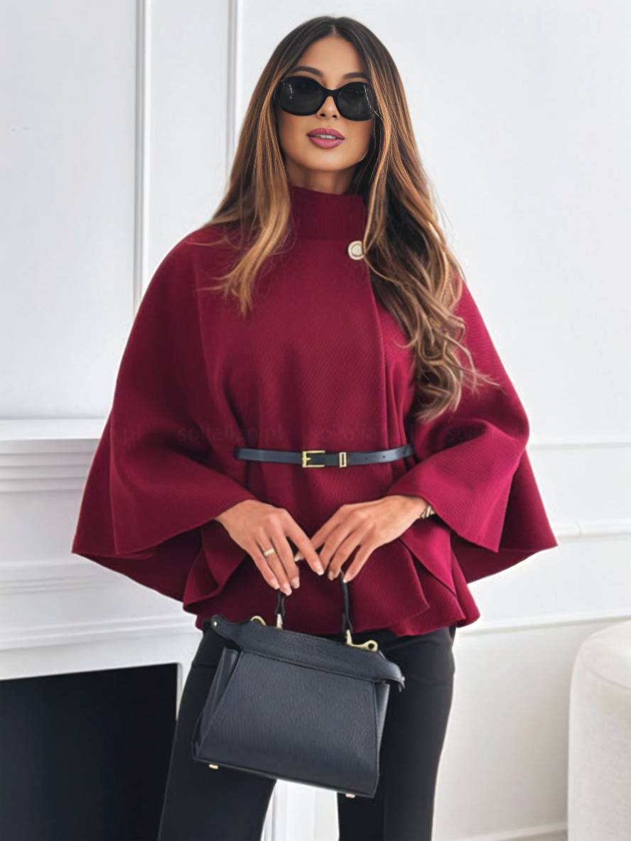 Sylis |  Short Red poncho coat with batwing sleeves, elegant and casual for women