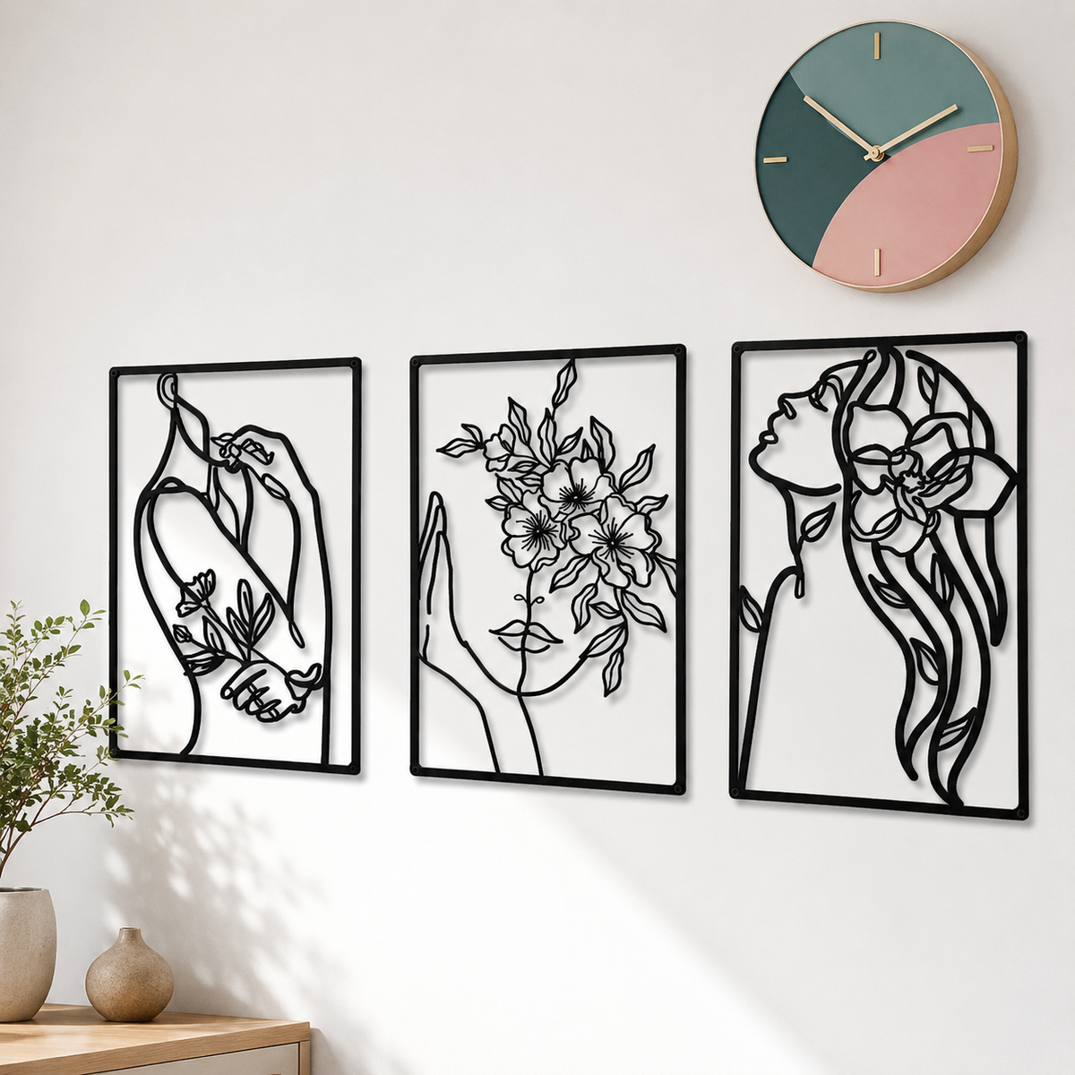Minimalist Metal Line Art Floral Portrait Triptych Wall Panels Meroci