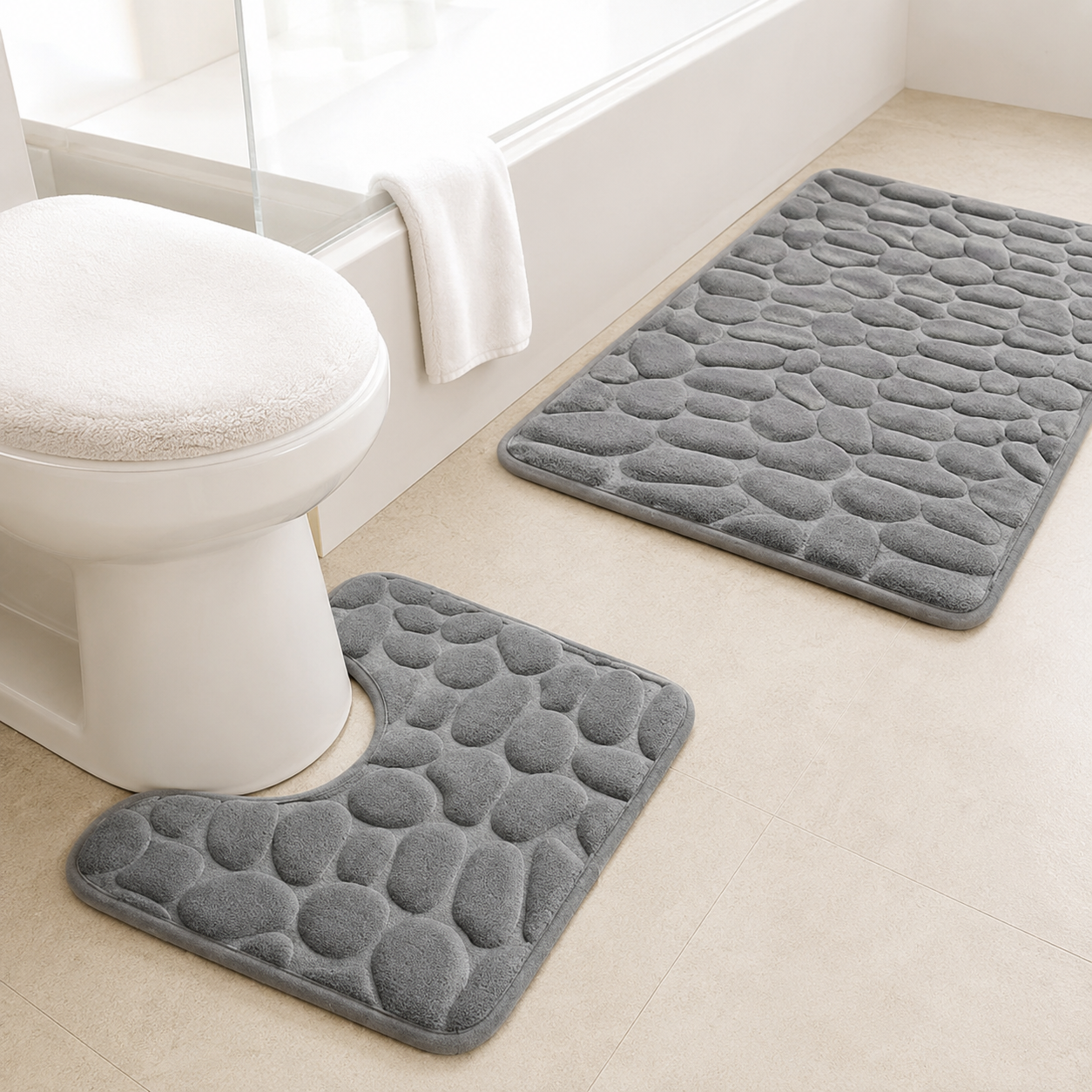 Pebble-Texture Memory Foam Bath Mat Set with U-Shaped Toilet Contour and Rectangular Non-Slip Rug