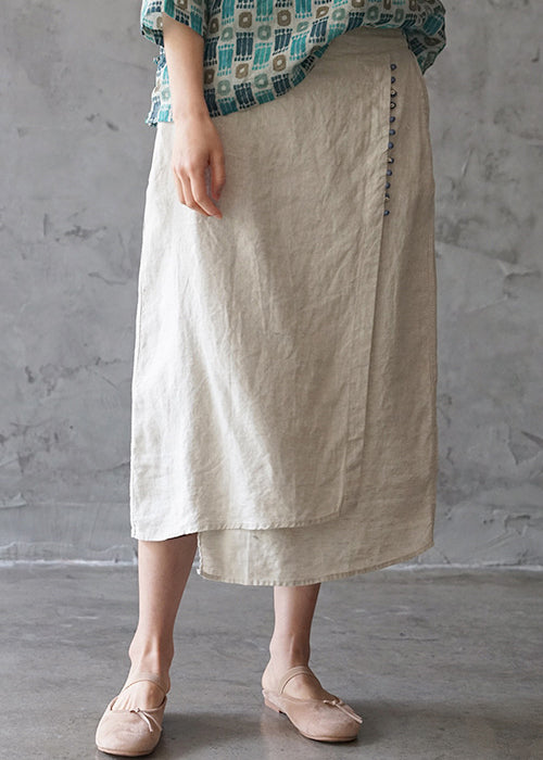 Sylis | Beige elastic waist asymmetrical design pocket Linen Skirts Spring