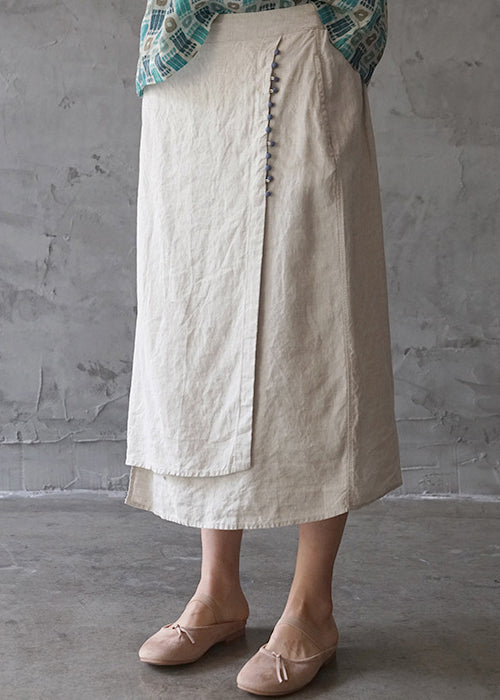 Sylis | Beige elastic waist asymmetrical design pocket Linen Skirts Spring