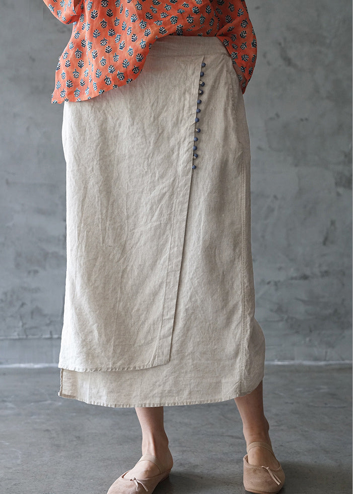 Sylis | Beige elastic waist asymmetrical design pocket Linen Skirts Spring