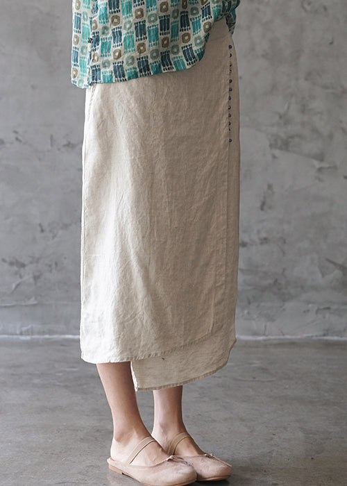 Sylis | Beige elastic waist asymmetrical design pocket Linen Skirts Spring