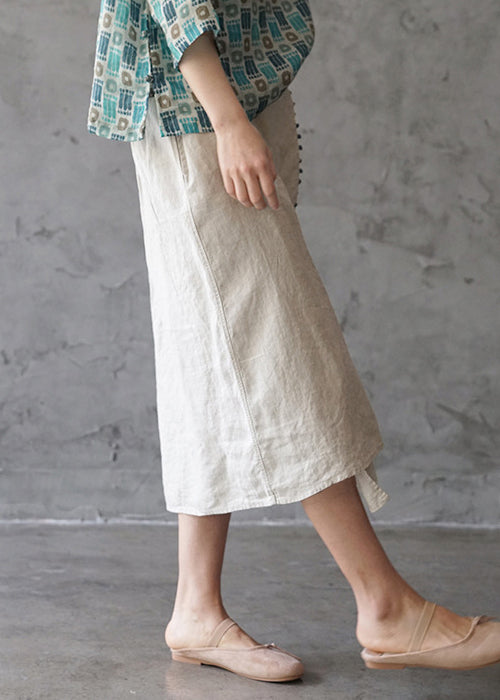 Sylis | Beige elastic waist asymmetrical design pocket Linen Skirts Spring