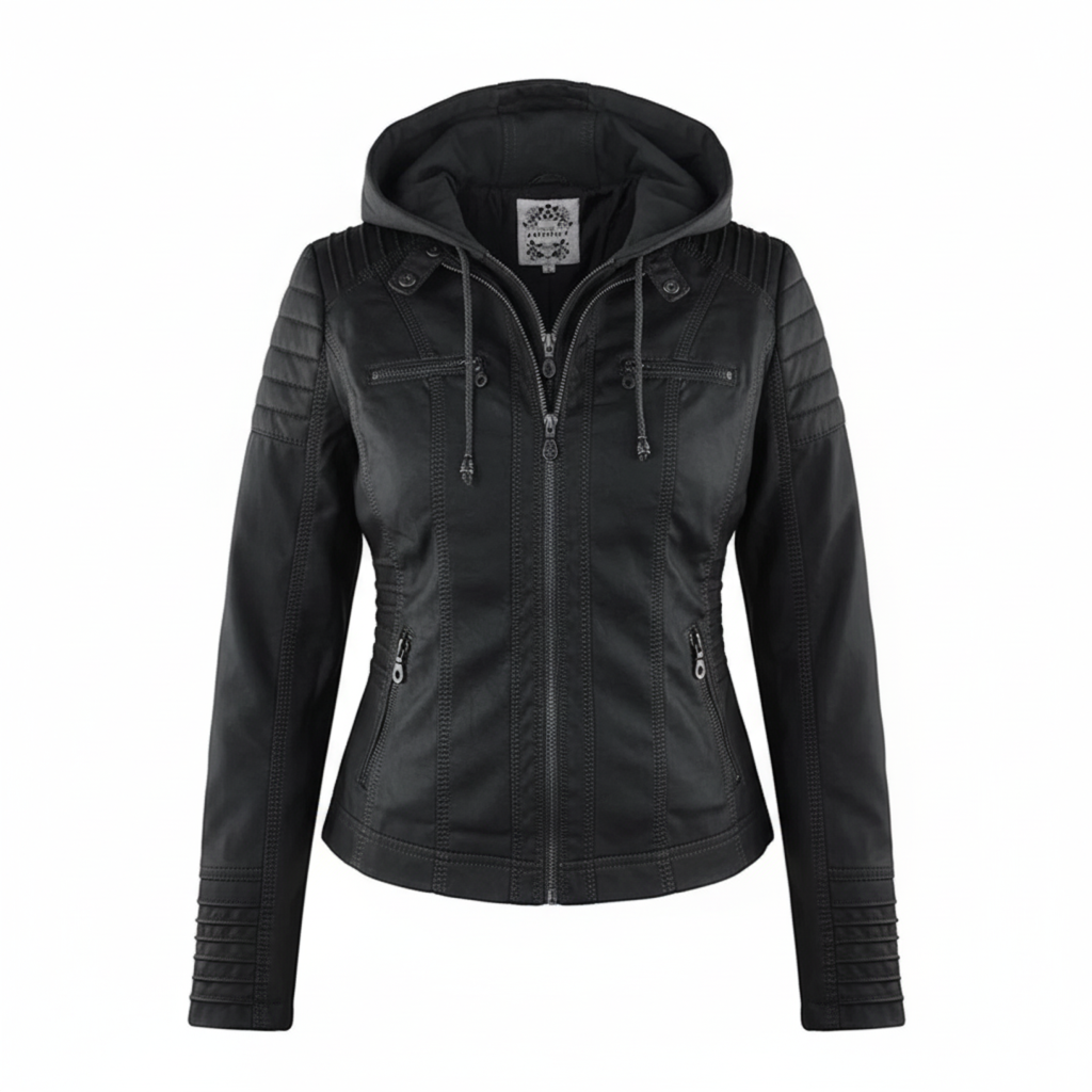 Sylis biker jacket in faux leather with hood | Plus sizes (L–3XL)