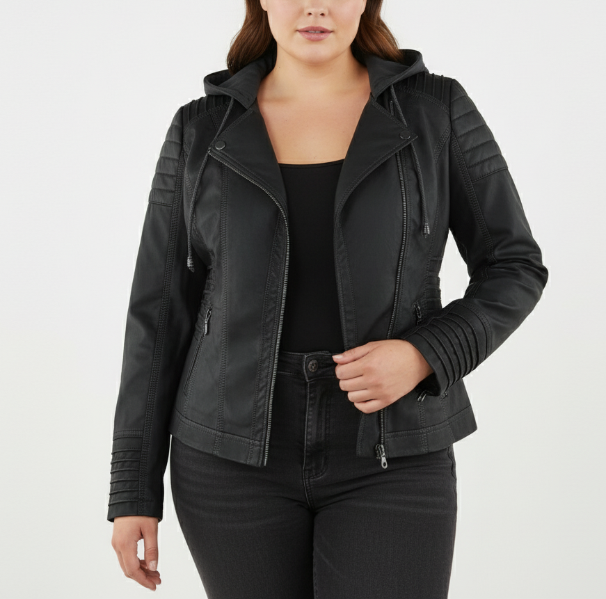 Sylis biker jacket in faux leather with hood | Plus sizes (L–3XL)
