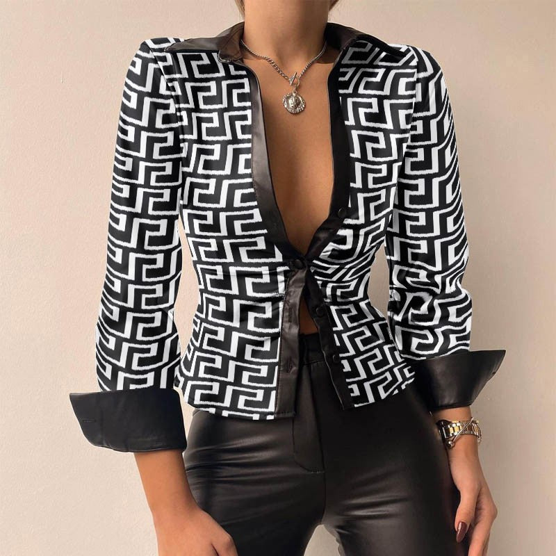 Sylis V-neck PU-leather printed long-sleeve patchwork blouse