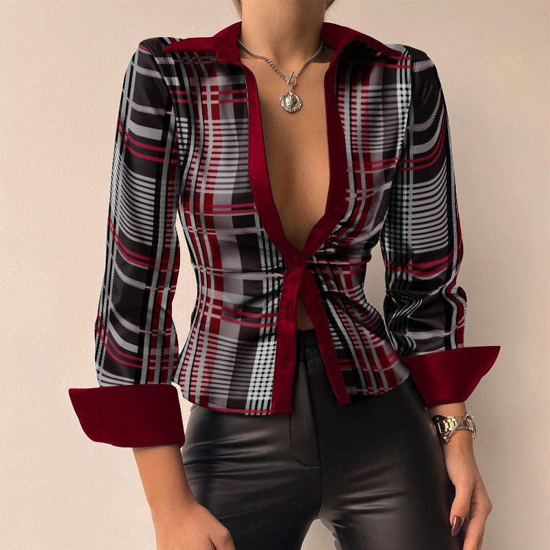 Sylis V-neck PU-leather printed long-sleeve patchwork blouse