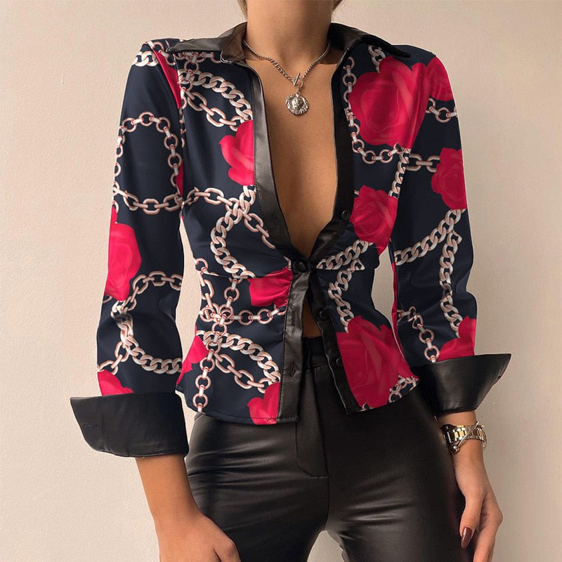 Sylis V-neck PU-leather printed long-sleeve patchwork blouse