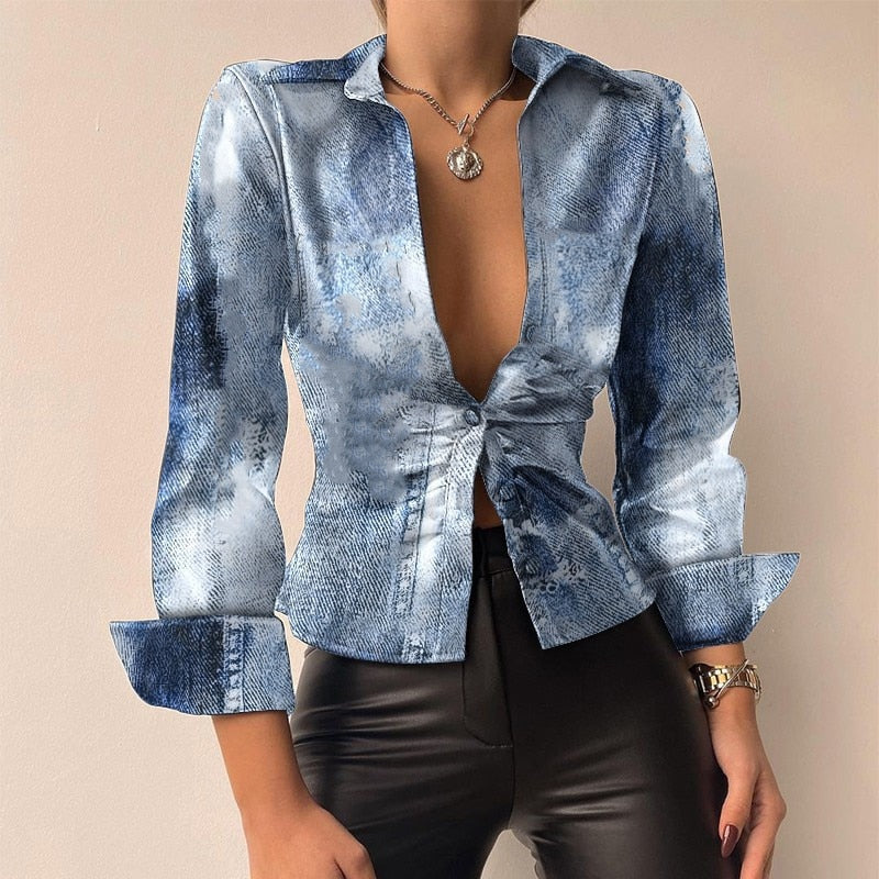 Sylis V-neck PU-leather printed long-sleeve patchwork blouse