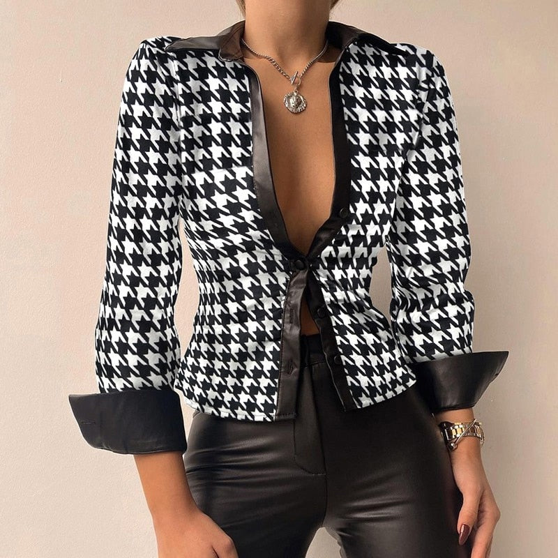 Sylis V-neck PU-leather printed long-sleeve patchwork blouse