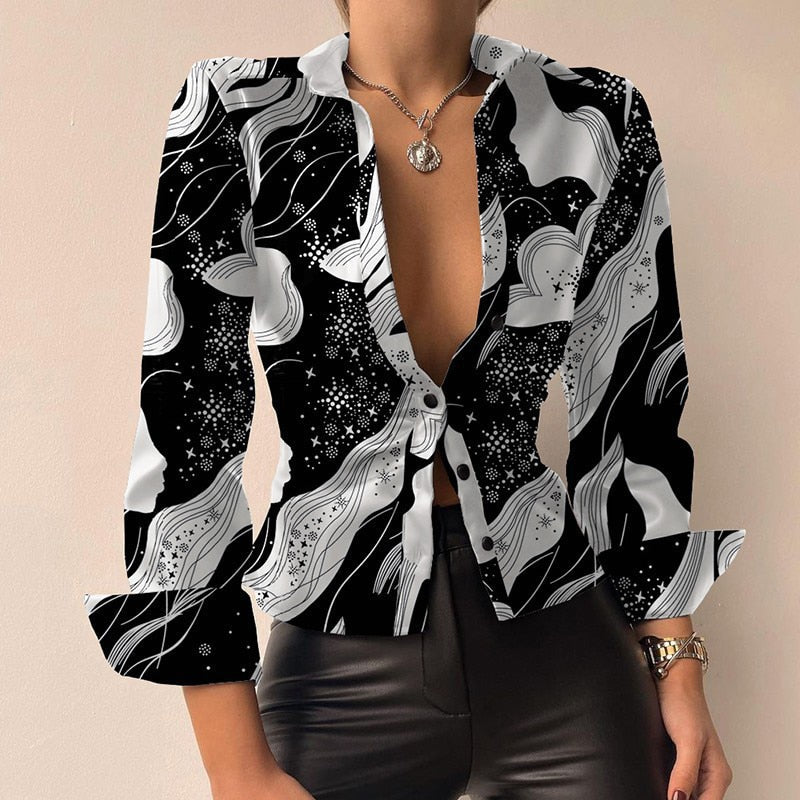 Sylis V-neck PU-leather printed long-sleeve patchwork blouse