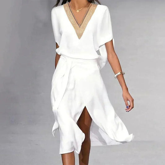 Sylis | Chic V-Neck White Midi Dress for a Contemporary Look