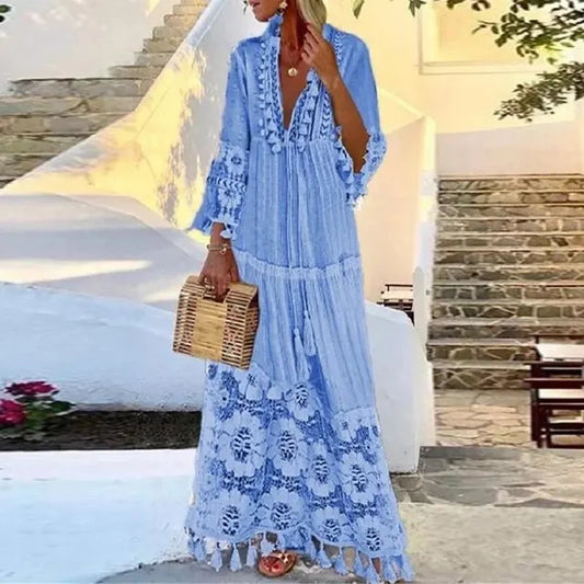 Sylis long dress with lace and fringes