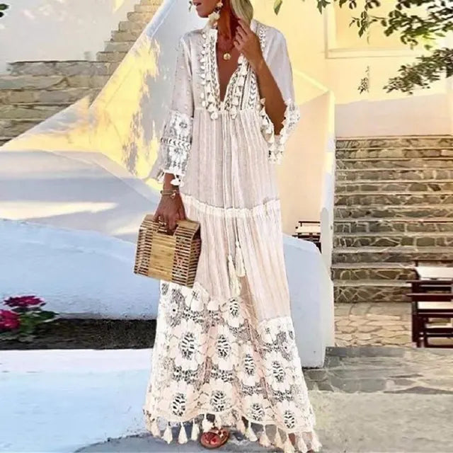 Sylis long dress with lace and fringes