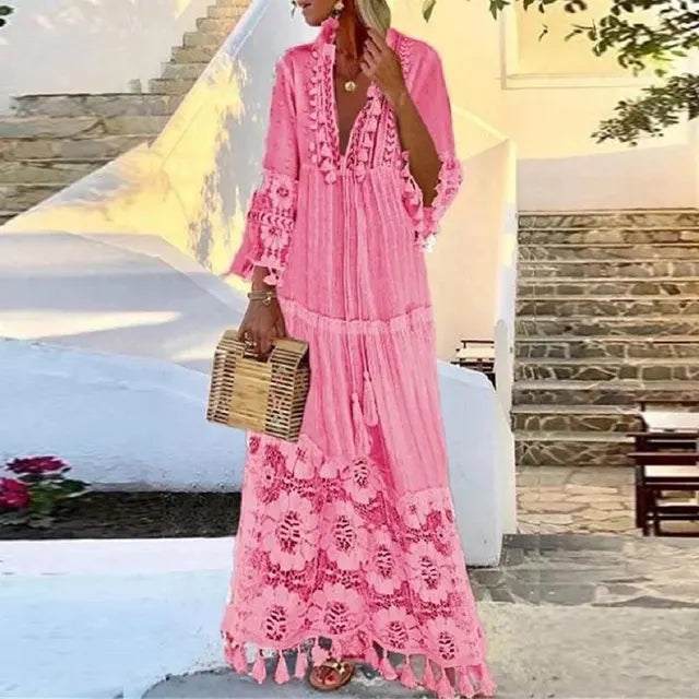 Sylis long dress with lace and fringes