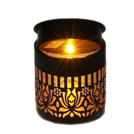 Decorative Solar-Powered Metal Lantern With Geometric Cutout And Warm LED Candle Effect