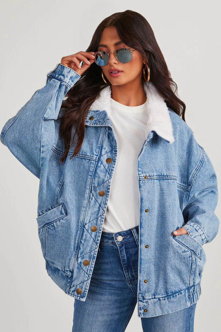 Sylis | Women's Washed Denim Jacket Fleece Collar