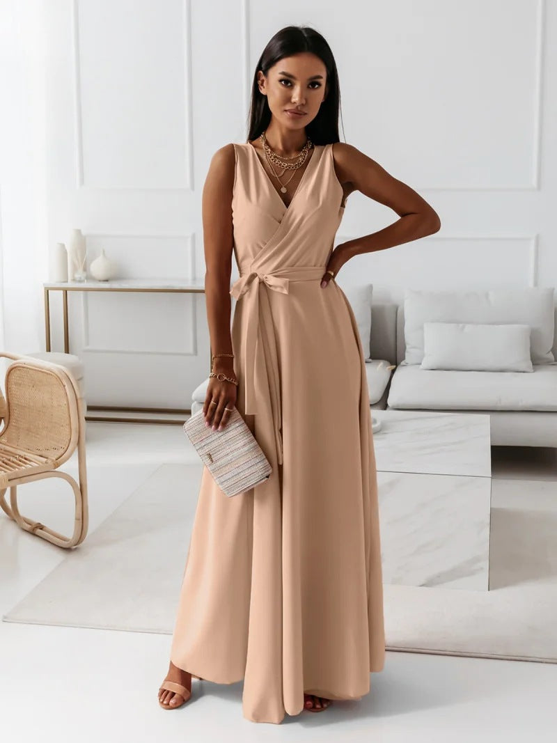 Sylis - Women's Solid Color V Neck Long Dress