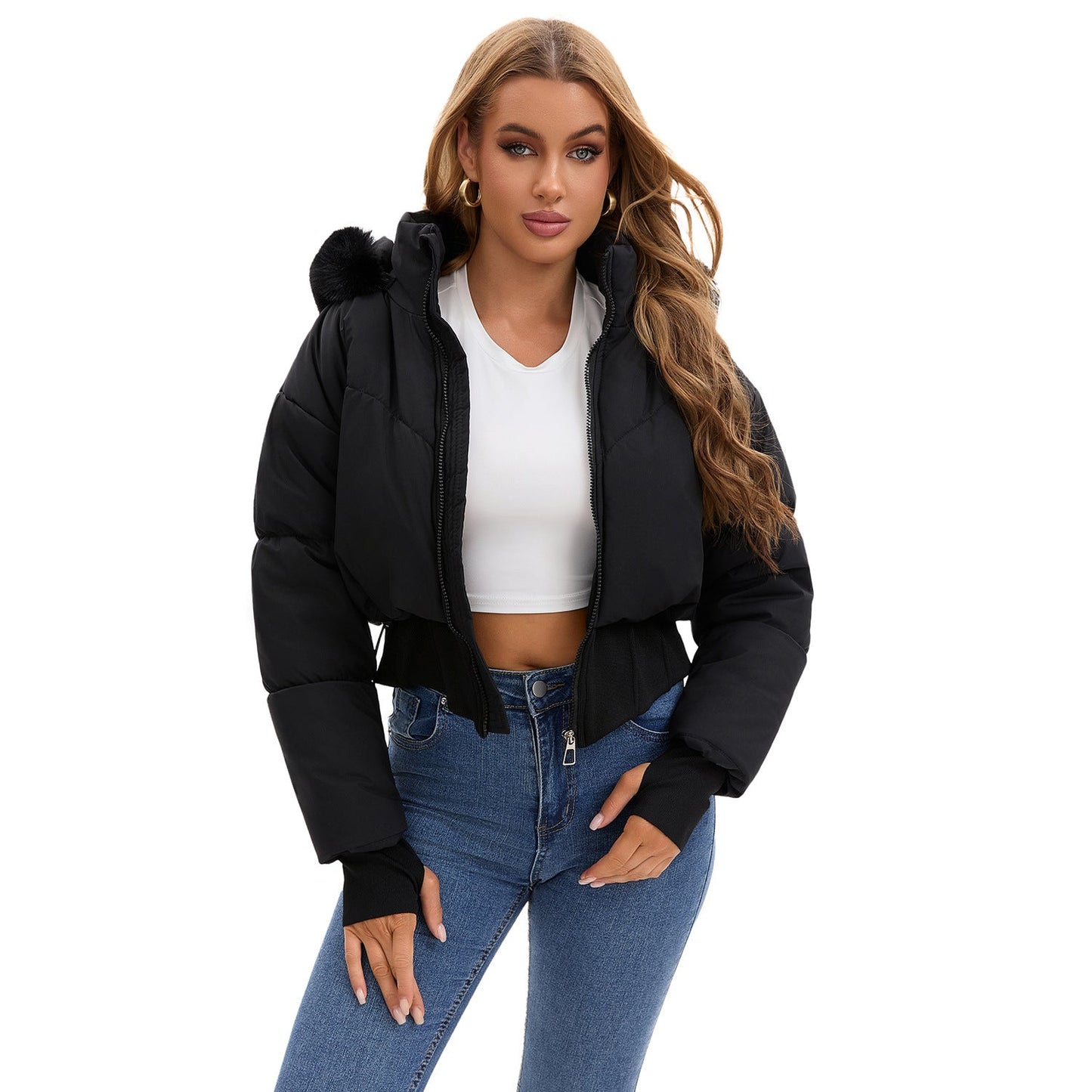 Sylis cropped down jacket with removable hood and faux fur detail Heidi fashion
