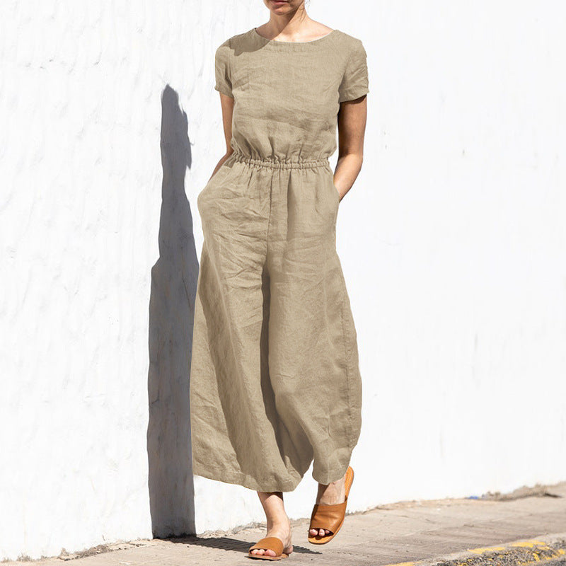 Sylis | Plain Short Sleeve Linen Jumpsuit