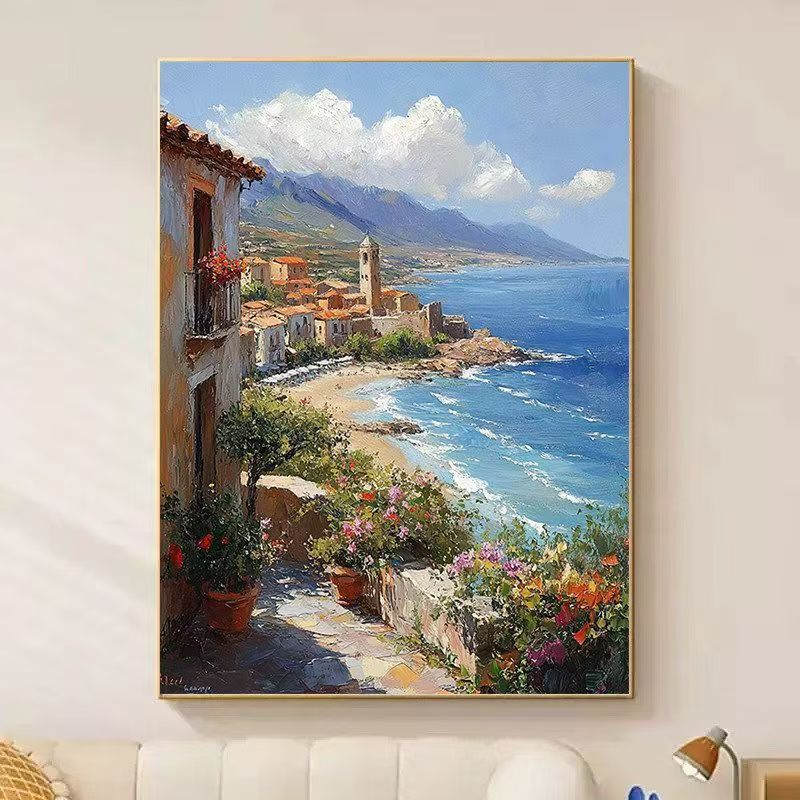 Coastal Village Scenic Painting Canvas Wall Art Meroci