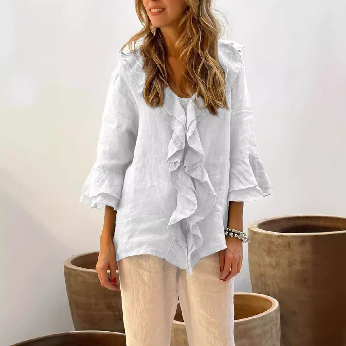 Sylis | Ruffled Cotton Linen  Sleeves Shirt