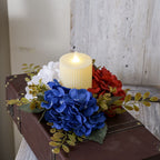 Unisex decorative candle plate with glass candle holder and artificial hydrangeas in country house style