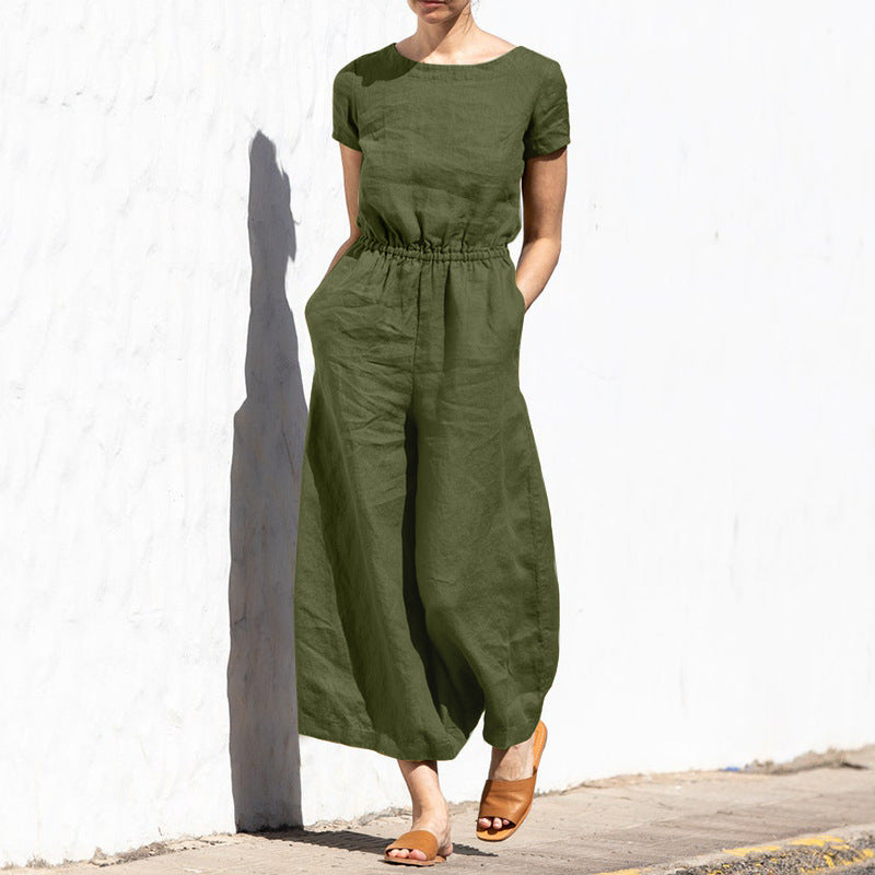 Sylis | Plain Short Sleeve Linen Jumpsuit