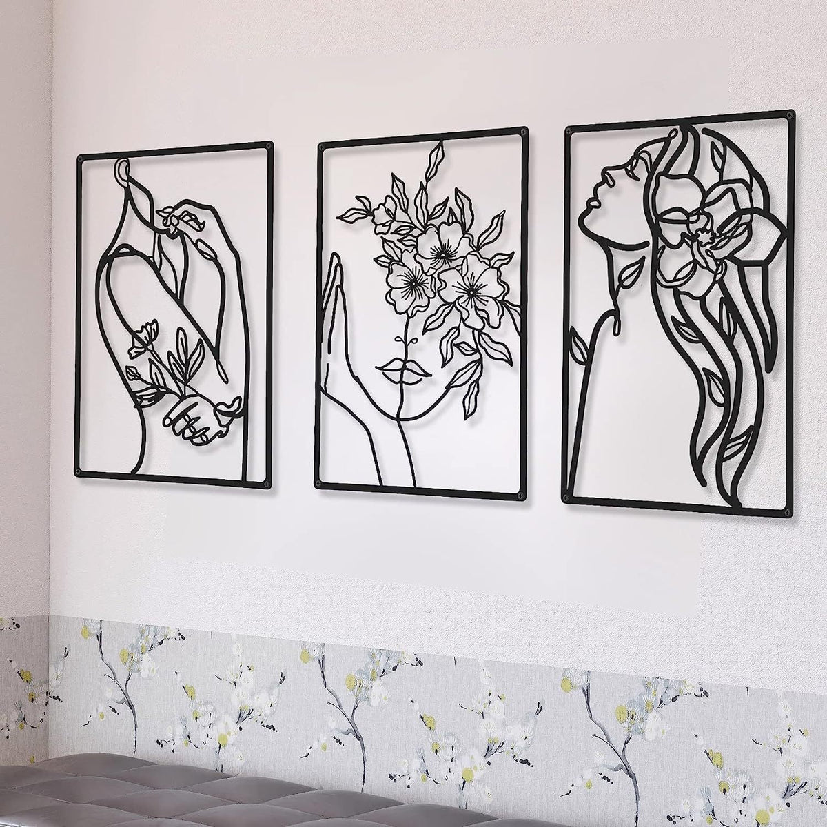 Minimalist Metal Line Art Floral Portrait Triptych Wall Panels Meroci