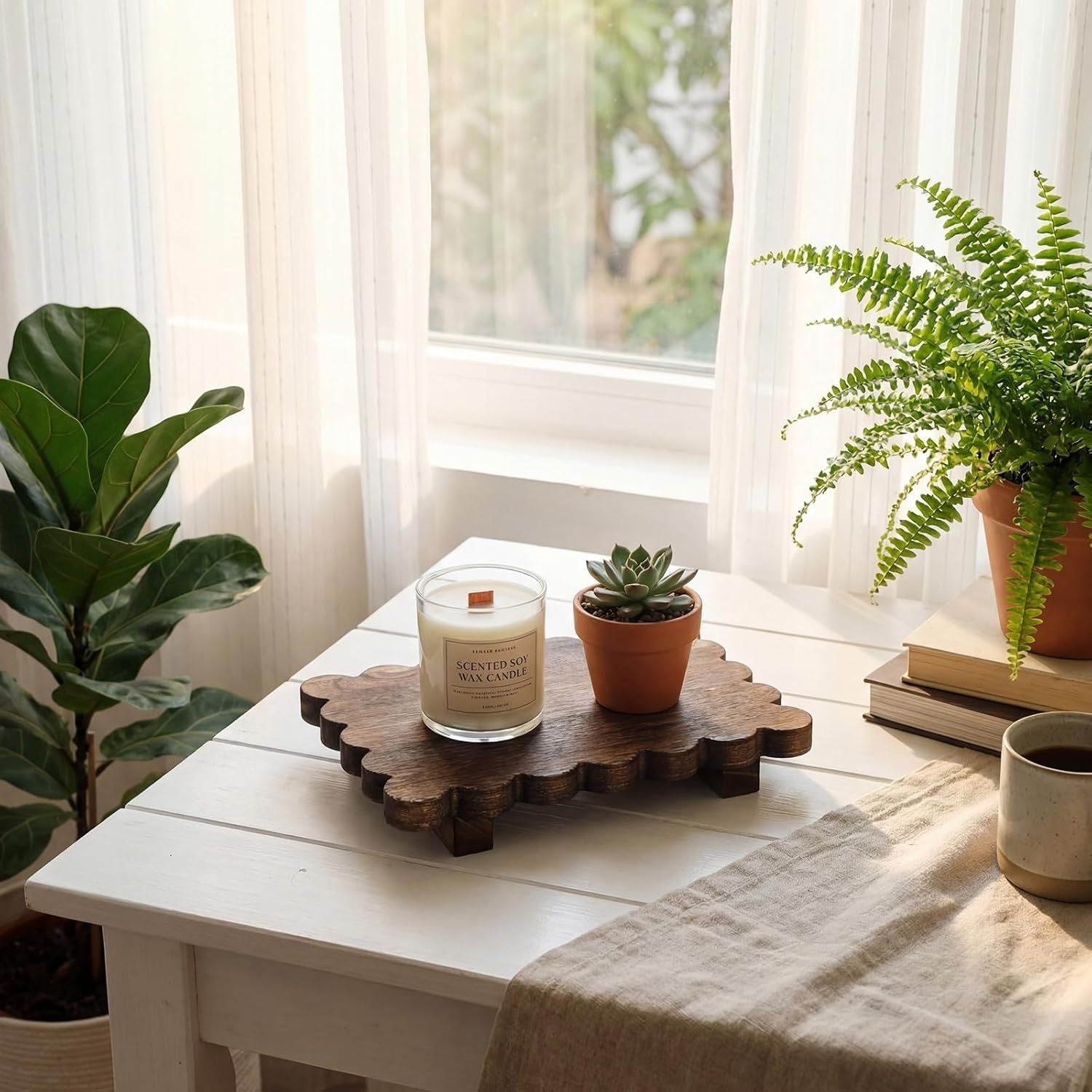 Scalloped reclaimed wood display pedestal for candles and succulents