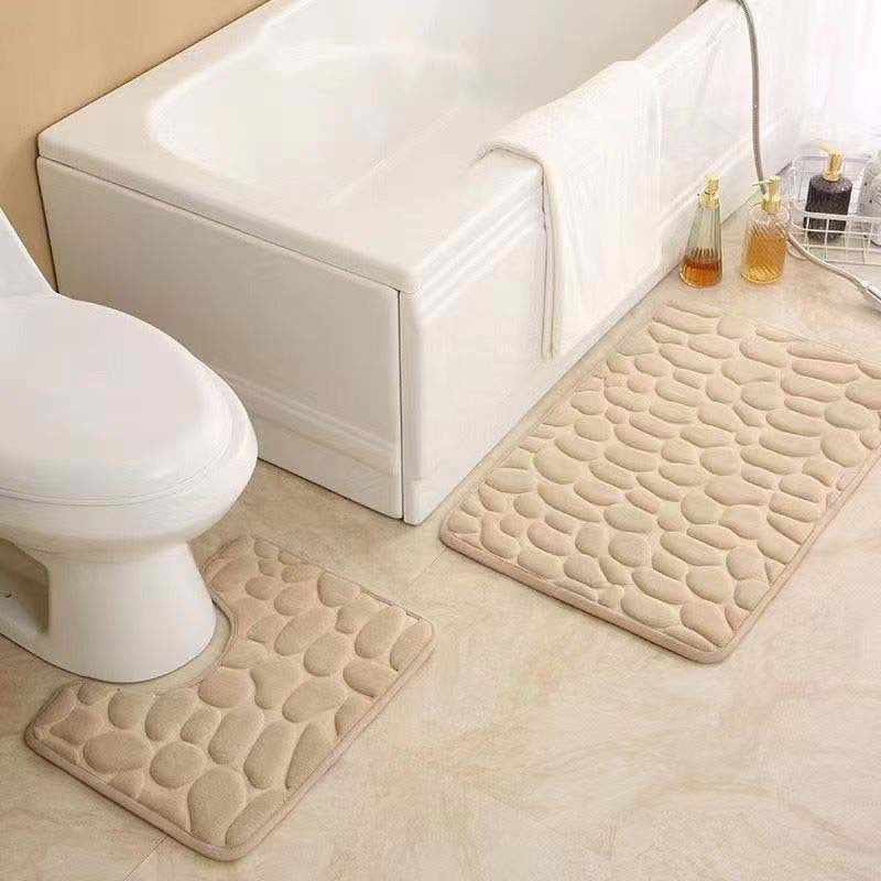 Pebble-Texture Memory Foam Bath Mat Set with U-Shaped Toilet Contour and Rectangular Non-Slip Rug