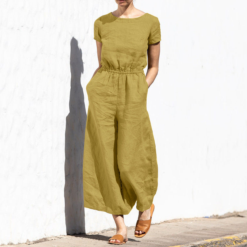 Sylis | Plain Short Sleeve Linen Jumpsuit