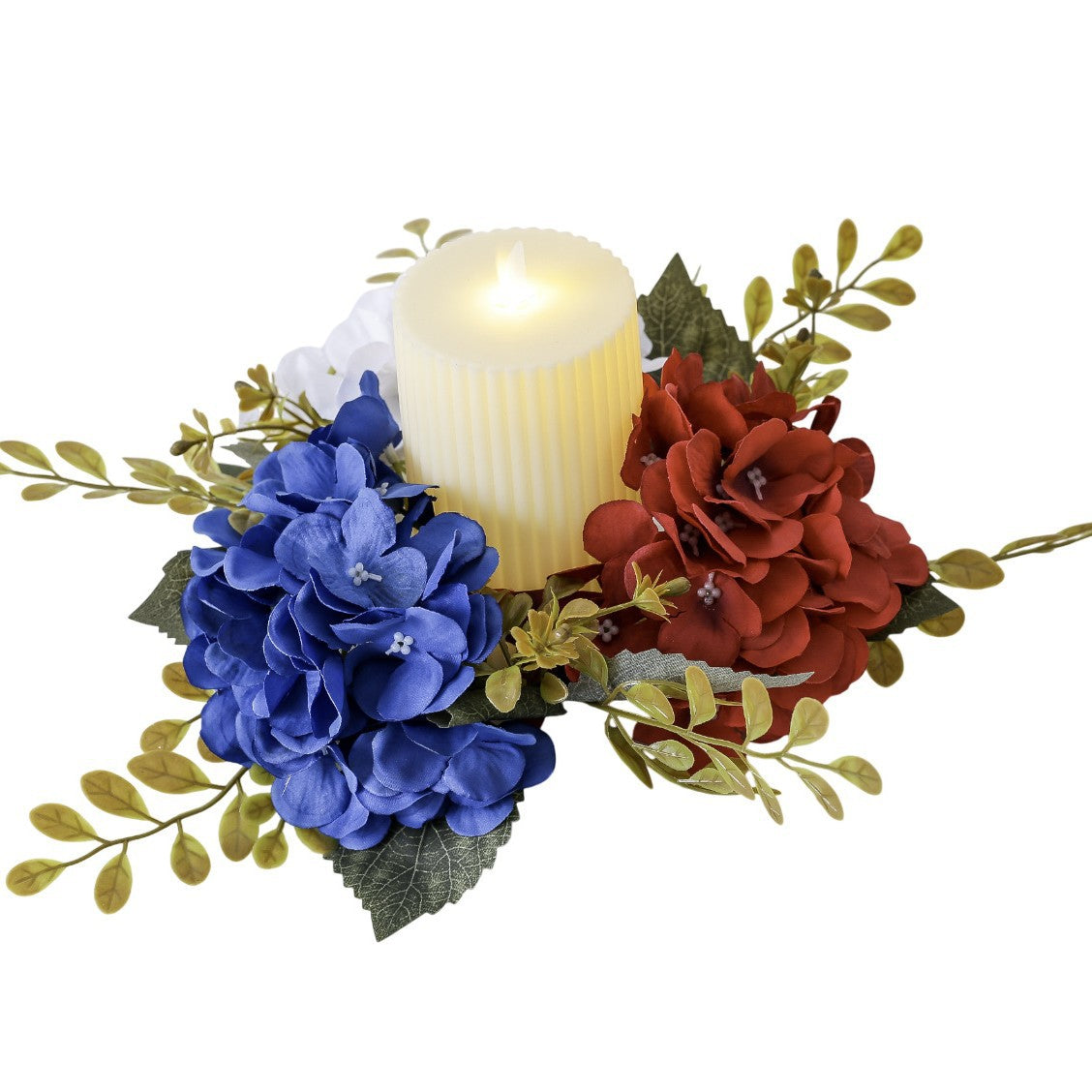 Unisex decorative candle plate with glass candle holder and artificial hydrangeas in country house style
