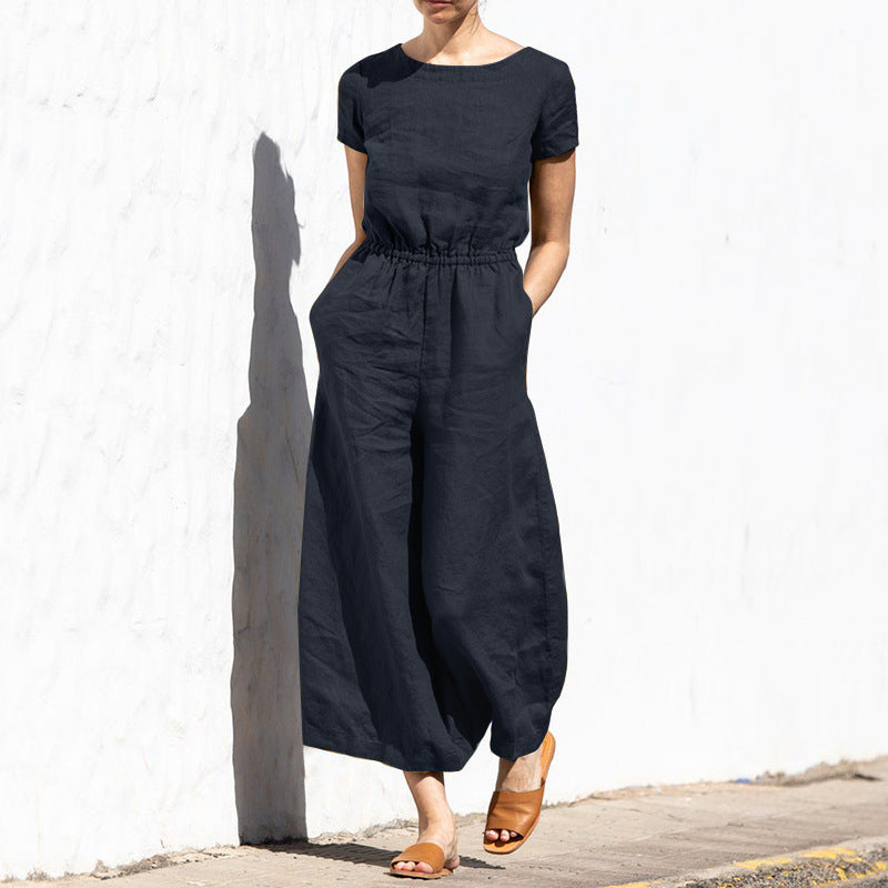 Sylis | Plain Short Sleeve Linen Jumpsuit