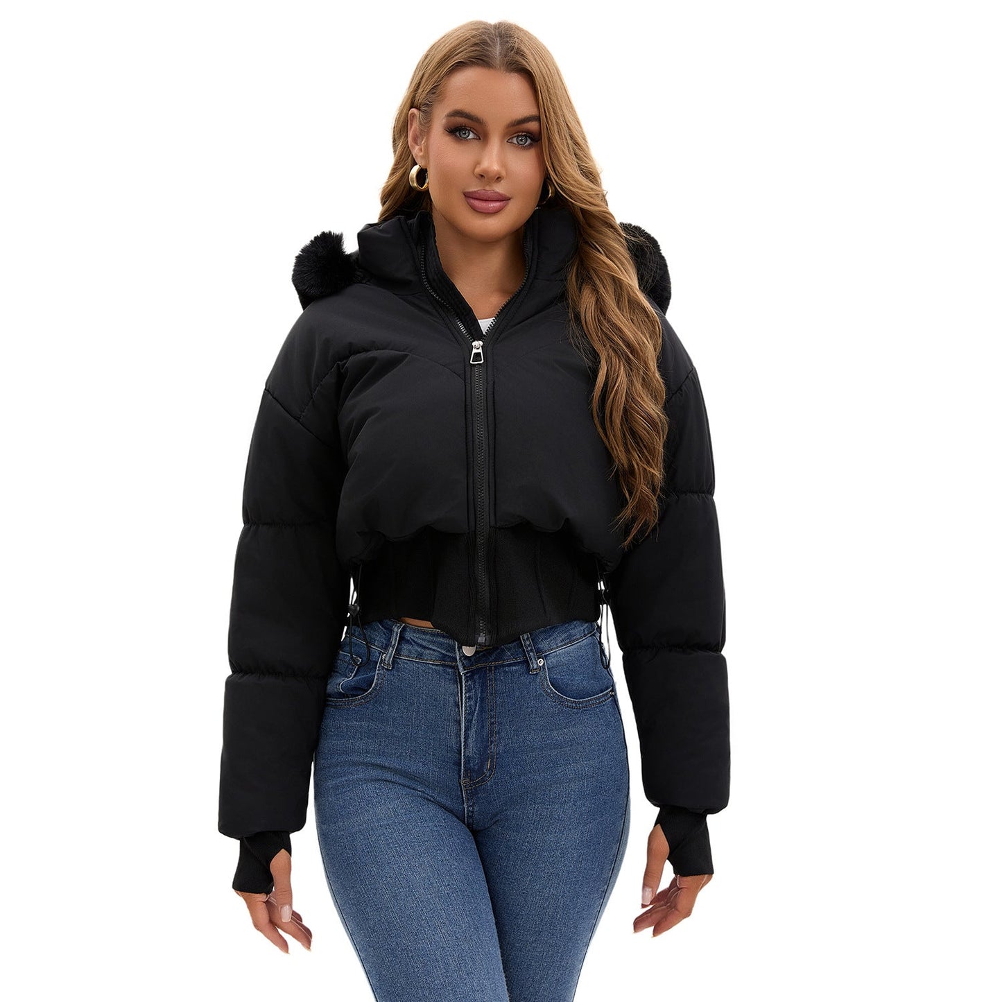 Sylis cropped down jacket with removable hood and faux fur detail Heidi fashion