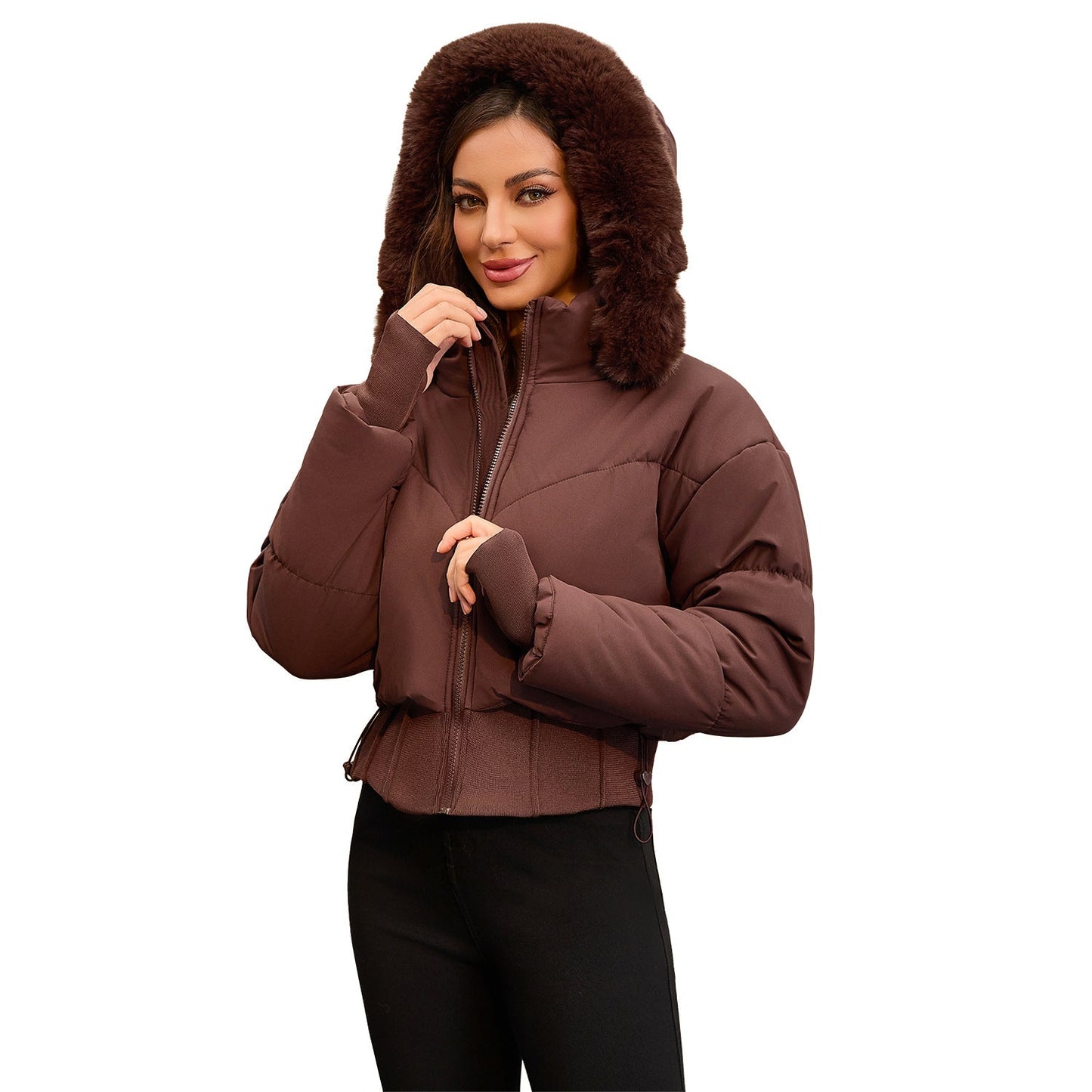 Sylis cropped down jacket with removable hood and faux fur detail Heidi fashion