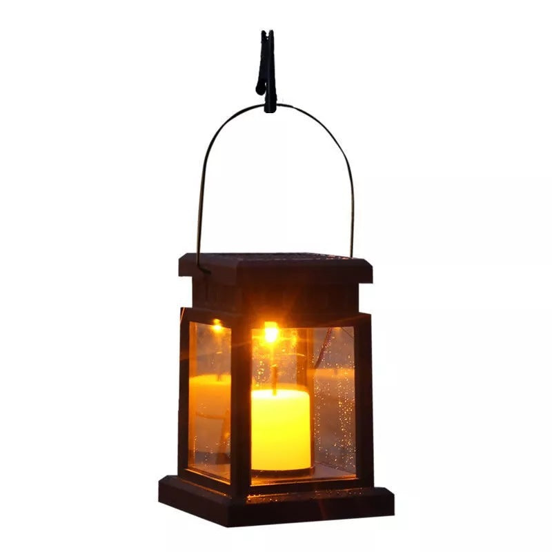 Outdoor Hanging LED Faux-Candle Glass-Pane Solar Lantern
