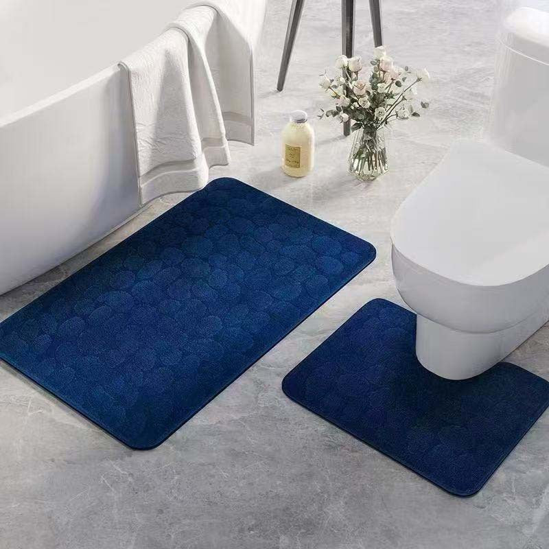 Pebble-Texture Memory Foam Bath Mat Set with U-Shaped Toilet Contour and Rectangular Non-Slip Rug