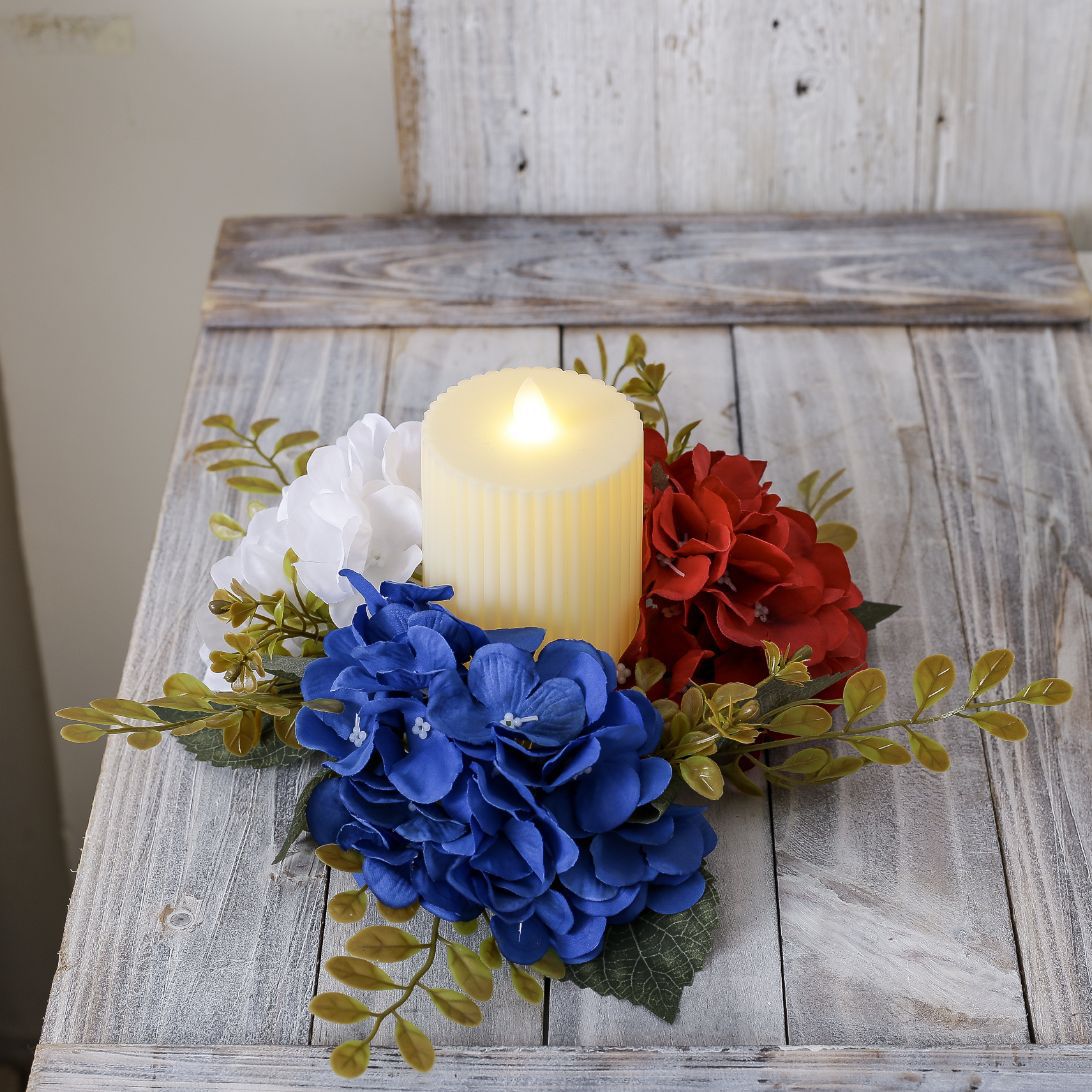 Unisex decorative candle plate with glass candle holder and artificial hydrangeas in country house style