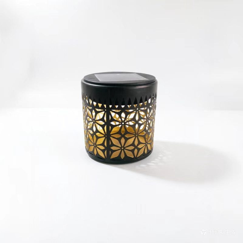 Decorative Solar-Powered Metal Lantern With Geometric Cutout And Warm LED Candle Effect