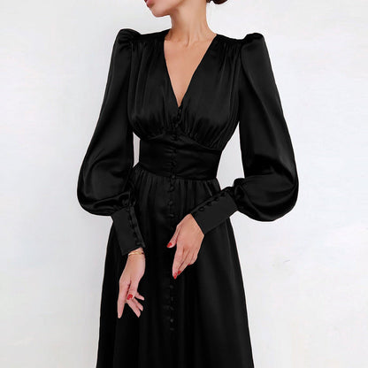 Sylis | Elegant party dress with V neck and puff sleeves for women